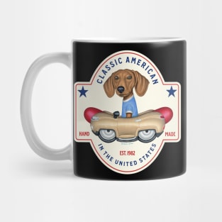 Cute Doxie Dog driving retro classic hotdog car on Dachshund Classic American Mug